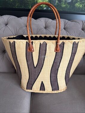 Woven Straw Tote Bag with Black Zebra Stripe and Brown Leather Handles
